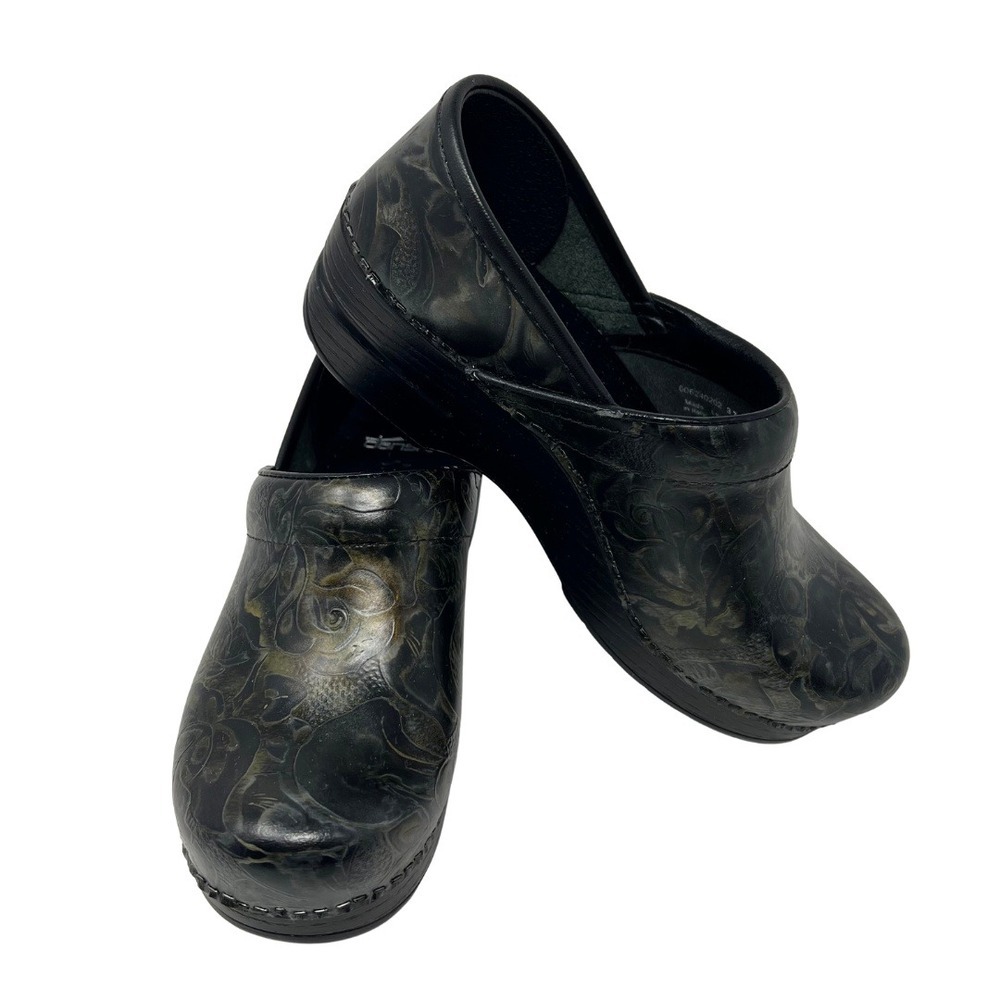 Dansko Professional Clogs Black‎ Bronze Floral Embossed Leather Shoes 37 Womens